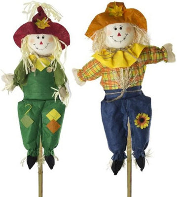 Set of 2 70 cm Small Stick Scarecrow Fall Happy Autumn Harvest Halloween Decor Ornament Bird Deterrent Pest Control