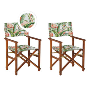 Set of 2 Acacia Folding Chairs and 2 Replacement Fabrics Dark Wood with Grey / Flamingo Pattern CINE