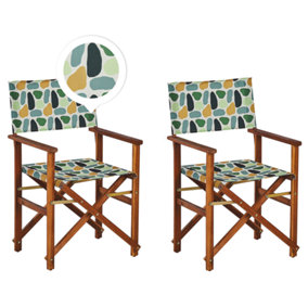 Set of 2 Acacia Folding Chairs and 2 Replacement Fabrics Dark Wood with Grey / Geometric Pattern CINE