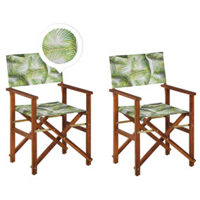 Set of 2 Acacia Folding Chairs and 2 Replacement Fabrics Dark Wood with Grey / Tropical Leaves Pattern CINE