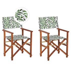 Set of 2 Acacia Folding Chairs and 2 Replacement Fabrics Dark Wood with Off-White / Leaf Pattern CINE