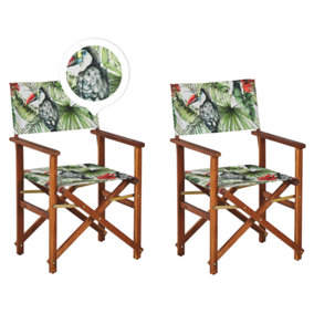 Set of 2 Acacia Folding Chairs and 2 Replacement Fabrics Dark Wood with Off-White / Toucan Pattern CINE