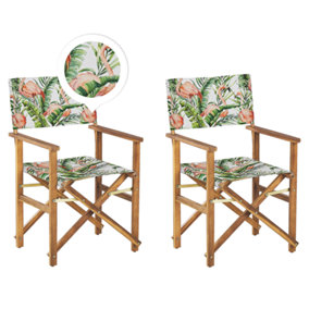 Set of 2 Acacia Folding Chairs and 2 Replacement Fabrics Light Wood with Grey / Flamingo Pattern CINE