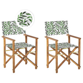 Set of 2 Acacia Folding Chairs and 2 Replacement Fabrics Light Wood with Grey / Leaf Pattern CINE