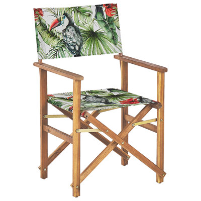 Set of 2 Acacia Folding Chairs and 2 Replacement Fabrics Light Wood with Grey / Toucan Pattern CINE