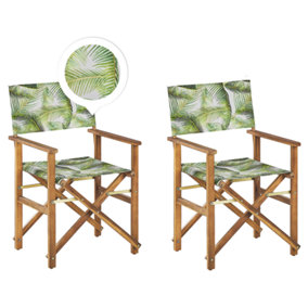 Set of 2 Acacia Folding Chairs and 2 Replacement Fabrics Light Wood with Grey / Tropical Leaves Pattern CINE