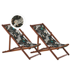 Set of 2 Acacia Folding Deck Chairs and 2 Replacement Fabrics Dark Wood with Off-White / Animal Pattern ANZIO