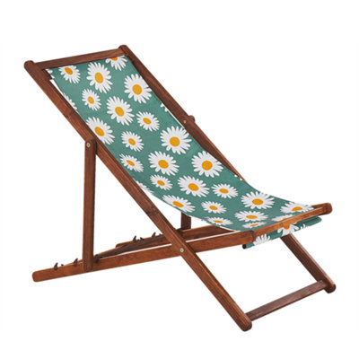 Set of 2 Acacia Folding Deck Chairs and 2 Replacement Fabrics Dark Wood with Off-White / Chamomile Pattern ANZIO