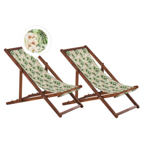 Set of 2 Acacia Folding Deck Chairs and 2 Replacement Fabrics Dark Wood with Off-White / Floral Pattern ANZIO