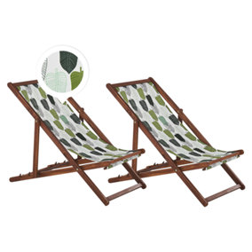 Set of 2 Acacia Folding Deck Chairs and 2 Replacement Fabrics Dark Wood with Off-White / Green Leaf Pattern ANZIO