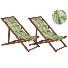 Set of 2 Acacia Folding Deck Chairs and 2 Replacement Fabrics Dark Wood with Off-White / Green Palm Leaves Pattern ANZIO
