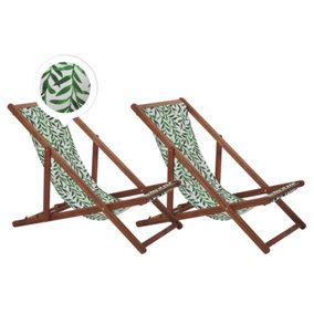 Set of 2 Acacia Folding Deck Chairs and 2 Replacement Fabrics Dark Wood with Off-White / Leaf Pattern ANZIO