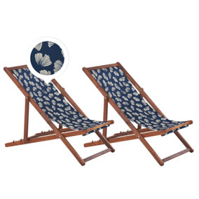 Set of 2 Acacia Folding Deck Chairs and 2 Replacement Fabrics Dark Wood with Off-White / Navy Blue Floral Pattern ANZIO