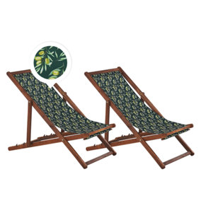 Set of 2 Acacia Folding Deck Chairs and 2 Replacement Fabrics Dark Wood with Off-White / Olives Pattern ANZIO