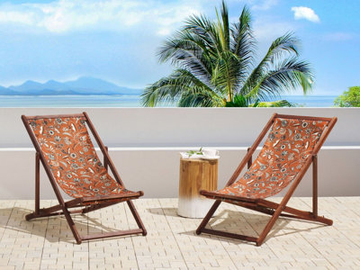 Set of 2 Acacia Folding Deck Chairs and 2 Replacement Fabrics Dark Wood with Off-White / Red Floral Pattern ANZIO