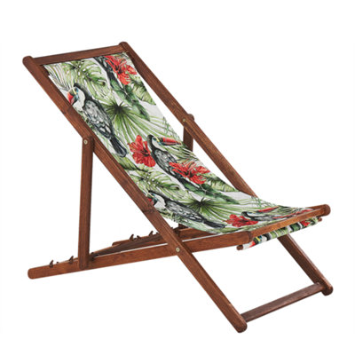 Set of 2 Acacia Folding Deck Chairs and 2 Replacement Fabrics Dark Wood with Off-White / Toucan Pattern ANZIO