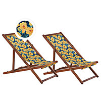 Set of 2 Acacia Folding Deck Chairs and 2 Replacement Fabrics Dark Wood with Off-White / Yellow Floral Pattern ANZIO