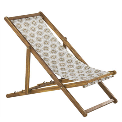 Set of 2 Acacia Folding Deck Chairs and 2 Replacement Fabrics Light Wood with Off-White / Beige Pattern ANZIO