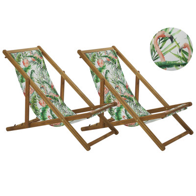 Set of 2 Acacia Folding Deck Chairs and 2 Replacement Fabrics Light Wood with Off-White / Flamingo Pattern ANZIO