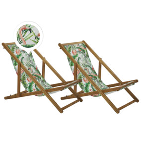 Set of 2 Acacia Folding Deck Chairs and 2 Replacement Fabrics Light Wood with Off-White / Flamingo Pattern ANZIO