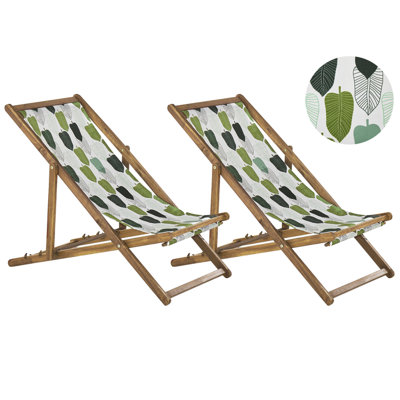 Set of 2 Acacia Folding Deck Chairs and 2 Replacement Fabrics Light Wood with Off-White / Green Leaf Pattern ANZIO