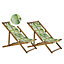 Set of 2 Acacia Folding Deck Chairs and 2 Replacement Fabrics Light Wood with Off-White / Green Palm Leaves Pattern ANZIO