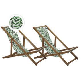 Set of 2 Acacia Folding Deck Chairs and 2 Replacement Fabrics Light Wood with Off-White / Leaf Pattern ANZIO