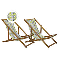 Set of 2 Acacia Folding Deck Chairs and 2 Replacement Fabrics Light Wood with Off-White / Yellow and Grey Pattern ANZIO