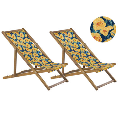 Set of 2 Acacia Folding Deck Chairs and 2 Replacement Fabrics Light Wood with Off-White / Yellow Floral Pattern ANZIO