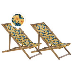 Set of 2 Acacia Folding Deck Chairs and 2 Replacement Fabrics Light Wood with Off-White / Yellow Floral Pattern ANZIO