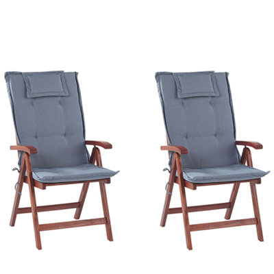 Set of 2 Acacia Wood Garden Chair Folding with Blue Cushion TOSCANA