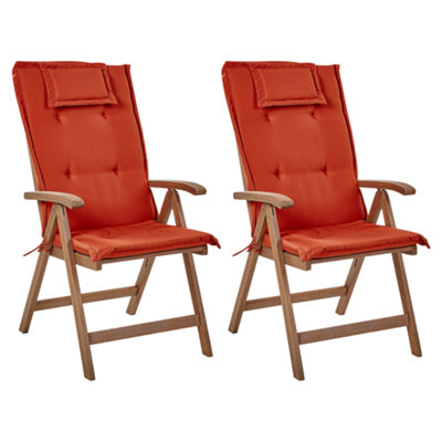 Set of 2 Acacia Wood Garden Folding Chairs Dark Wood with Red Cushions AMANTEA