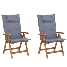 Set of 2 Acacia Wood Garden Folding Chairs with Blue Cushions JAVA