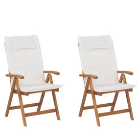 Set of 2 Acacia Wood Garden Folding Chairs with Off-White Cushions JAVA