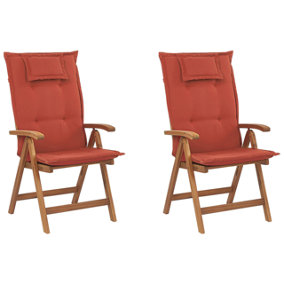 Set of 2 Acacia Wood Garden Folding Chairs with Red Cushions JAVA