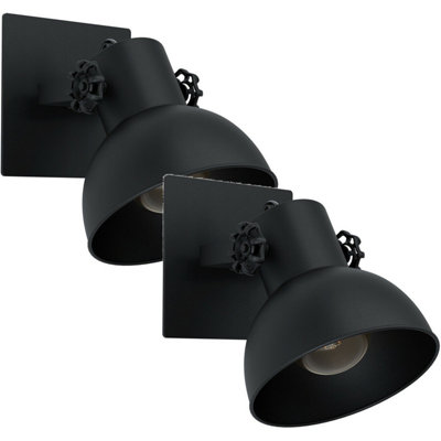 Set of 2 Adjustable LED Wall Sconces in Black Steel with Round Shade