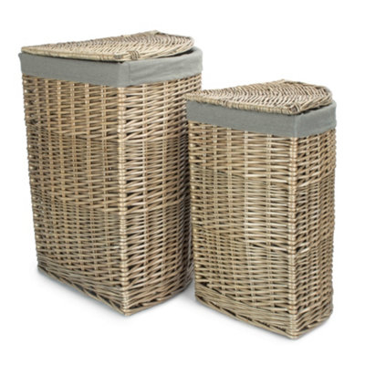 Set of 2 Antique Wash Corner Linen Basket with Grey Sage Lining