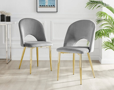 Set of 2 Arlon Elegant Deep Padded Elephant Grey Soft Touch Velvet Gold Chrome Leg Cutout Back Dining Chair