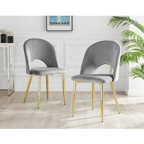 Set of 2 Arlon Elegant Deep Padded Elephant Grey Soft Touch Velvet Gold Chrome Leg Cutout Back Dining Chair