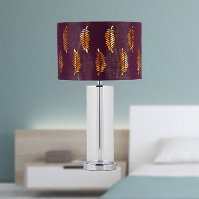 Set of Aura Chrome Table Lamps with Burgundy Fern Cut Out Shades