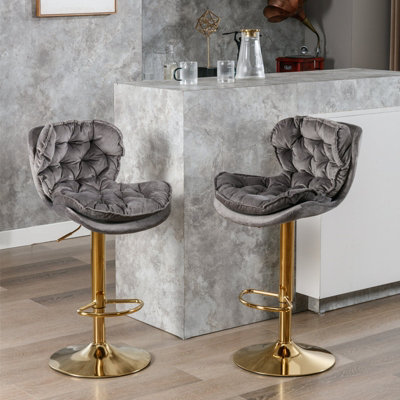 Set of 2 Bar Chairs with Rolling Backrest, Gold Legs, 360 Rotatable, Load Capacity 136kg, Seat Height 66 to 86cm Grey