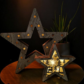 Set of 2 Battery Operated Indoor Wooden Christmas Stars with Warm White LEDs