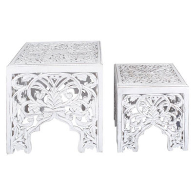 Set of 2 Beautiful White Square Hand Carved Indian Wooden Side End Coffee Table