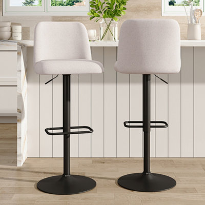 Set of Beige Linen Upholstered Swivel Counter Bar Stools with