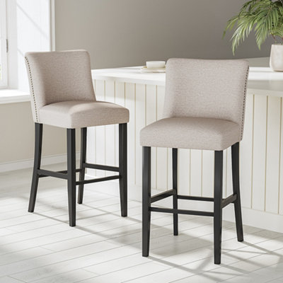 Set of 2 Beige Modern Linen Upholstered Bar Stool with Wooden Legs