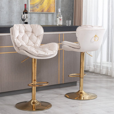 Set of 2 Beige Velvet Swivel Bar Stools, Kitchen Breakfast Bar Stools With Double Layer Cushion