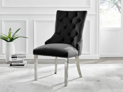Set of 2 Belgravia Black Deep Padded Soft Velvet Silver Chrome Leg Knockerback Dining Chairs