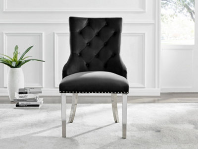 Set of 2 Belgravia Black Deep Padded Soft Velvet Silver Chrome Leg Knockerback Dining Chairs