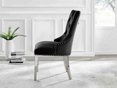 Set of 2 Belgravia Black Deep Padded Soft Velvet Silver Chrome Leg Knockerback Dining Chairs