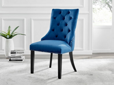 Set of 2 Belgravia Blue Deep Padded Soft Velvet Black Powder Coated Leg Chrome Knockerback Dining Chairs